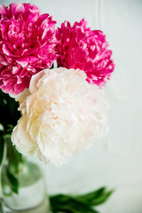 Flower background: white and pink Terry peonies in a glass vase