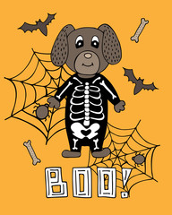 Cute poster with a lettering for Halloween. Dog in a skeleton suit.