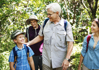 Family hiking in a forest
