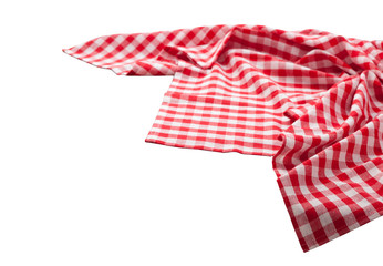 Red and white checkered tablecloth isolated. Napkin close up top view mock up