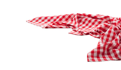 Red and white checkered tablecloth isolated. Napkin close up top view mock up © missty