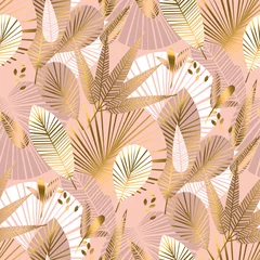 Gordijnen Rose goud tropisch naadloos patroon met palmbladeren © galyna_p