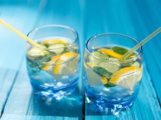 Refreshing lemonade with lemon, mint and cucumber. Dietary water