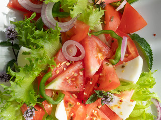 vegetable salad on a white plate, dark background, copy space
