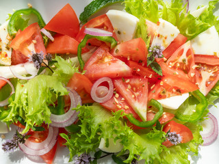 vegetable salad on a white plate, dark background, copy space