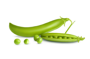 Two big pea pod close up isolated on white background. Many small scattered peas. Bright vegetable composition. Cafe menu, advertising layout design. Canned food packaging element. Cut out photo image
