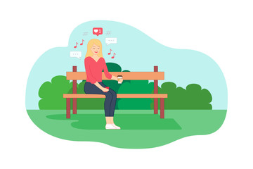 Young girl is sitting on the bench, holding coffee mug in one hand and smartphone in other, reading messages. Notification icons are located around her head. Flat style vector illustration.