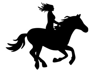 Fototapeta na wymiar Reiterin mit langen Haaren auf galoppierendem Pferd / schwarz-weiß, Vektor, freigestellt