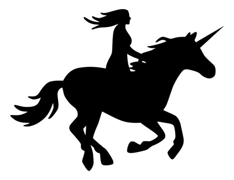 Einhorn-Reiterin mit langen Haaren / schwarz-weiß, Vektor, freigestellt