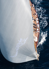 French Riviera - old sail race above aerial view of boat front