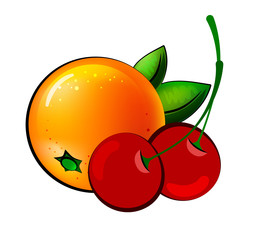 Vector illustration with one orange and several cherries on a white background. Assorted fruits.