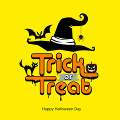 Trick or treat message hat, pumpkin, cat, bat design happy Halloween day concept on yellow background, illustration