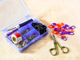 Needlework kit, scissors, hooks