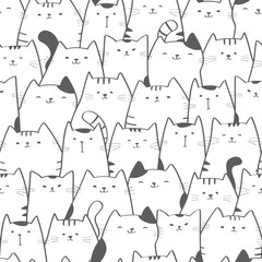 Vector seamless pattern with cute cats. Doodle art. Cat seamless hand drawn background