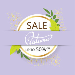 hand writing Autumn text circle boder, Banner Sale premium blue background