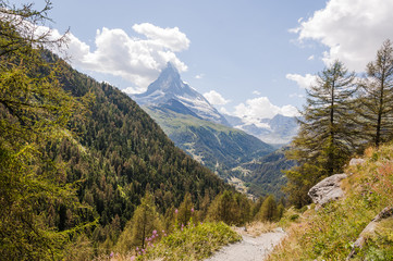 Fototapeta na wymiar Zermatt, Findeln, Findelbach, Findelschlucht, Sunnegga, Wanderweg, Matterhorn, Zmuttgletscher, Alpen, Wallis, Schweizer Berge, Sommer, Schweiz