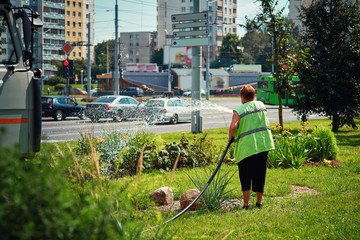 Utility worker, gardener of municipality with hose for watering the plants and trees in city...