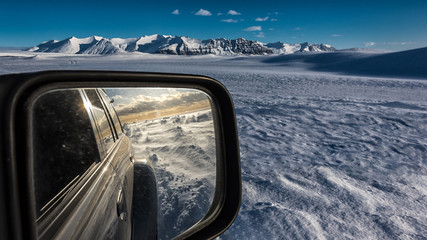 Iceland - Superjeep blizzard rear view in mirror