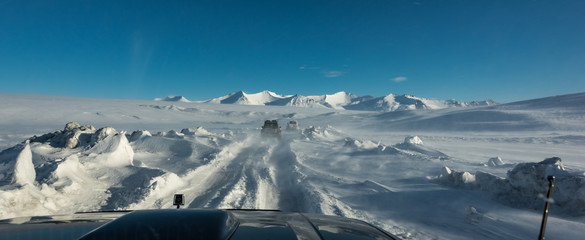 Iceland - Inside Superjeep in snow storm on sunny day