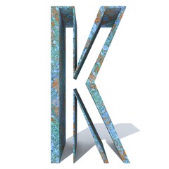 Conceptual old rusted metal font or type, iron or steel industry piece isolated white background. Educative rusty material, aged vintage surface, worn damaged paint as 3D illustration rough surface