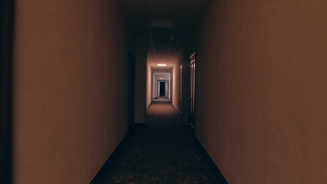 first person view, going through empty dark corridor in apartment building with doors