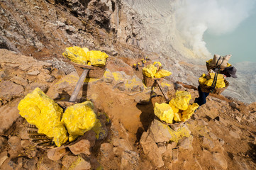 Sulfur hard workers basket in Indonesia on Ijen volcano 