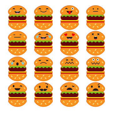 Set Emotions Hamburger. Cute cartoon. Vector style smile icons.