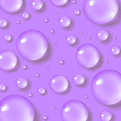 Drops of water. Abstract violet liquid background. 3d realistic vector illustration. Realism style. Macro