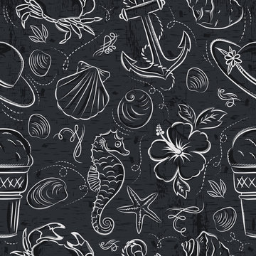 Seamless Patterns with  summer symbols,shels, crab, hat, anchor,  sea horse, ice cream,  flower on grunge  blackboard, vector illustration.