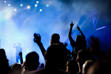 Fototapeta premium cheering crowd with raised hands at concert - music festival