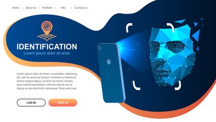 Website page layout. Identification of a person through the system of recognition of a human face. The smartphone scans the person's face. Vector illustration Eps10