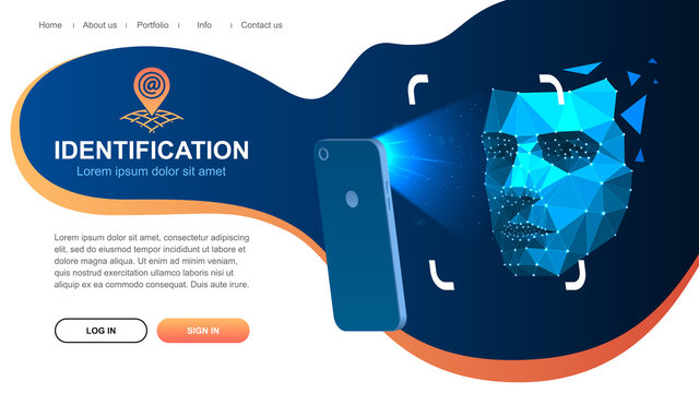Website page layout. Identification of a person through the system of recognition of a human face. The smartphone scans the person's face. Vector illustration Eps10