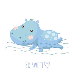 Cute swimming baby hippo vector card. Kids vector illustration