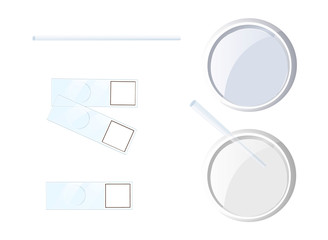 Set of chemistry or biology experimentation tools. Two variations of Petri dish, glass for microscope preparations. Vector illustration isolated on white