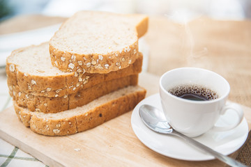 Whole grain bread with black coffee good healthy morning meal low fat food
