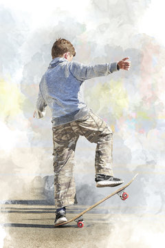 teenager boy practicing skateboard on street
