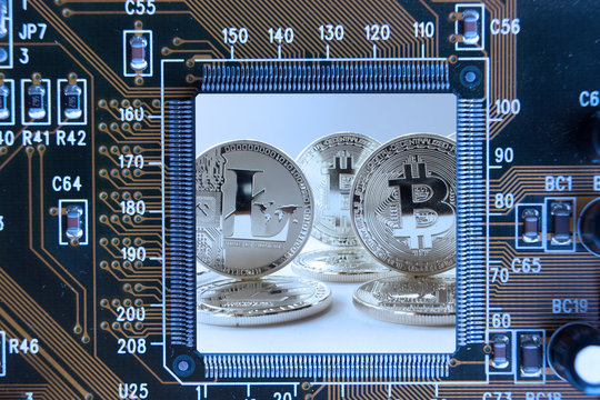 Abstract crypto currency silver coins  motherboard