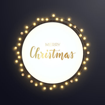 Round Christmas design with light bulb garland on dark backround. Vector illustration. Template for banner, card or flyer.