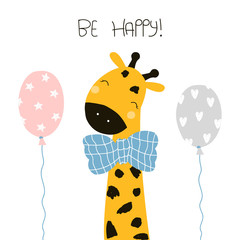 Cute giraffe with balloons and lettering. Vector hand drawn illustration.