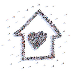 A lot of people form home, heart, icon . 3d rendering.