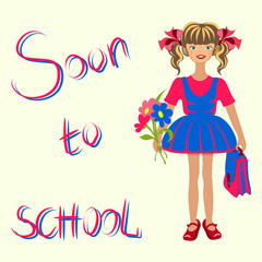A little cartoon girl in a red blue dress with a briefcase and a bouquet of flowers goes to first class, the concept of the beginning of the school year, the text is soon to school