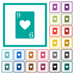 Nine of hearts card flat color icons with quadrant frames