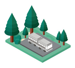 bus parking and trees scene isometric icon vector illustration design