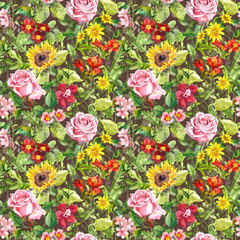 Seamless floral and summer herbal pattern, watercolor