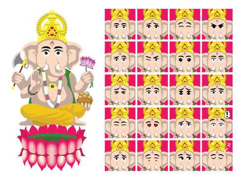 Hindu God Ganesha Cartoon Emotion faces Vector Illustration