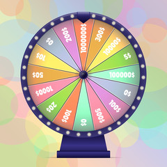 Obraz premium Fortune wheel on bokeh background. Lucky spin in pastel colors. Vector illustration. 