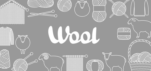 Background with wool items. Goods for hand made, knitting or tailor shop