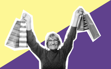 Happy senior woman with shopping bags , art collage