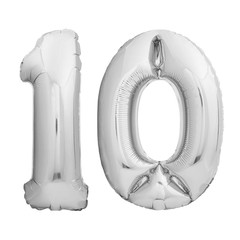 Number 10 made of silver inflatable balloon isolated on white