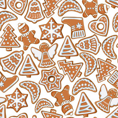 Christmas seamless pattern of holiday cookies with ornaments. Vector elegant background.